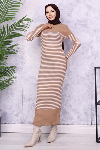 benguen 6104 Model Mink Turtleneck Striped Dress