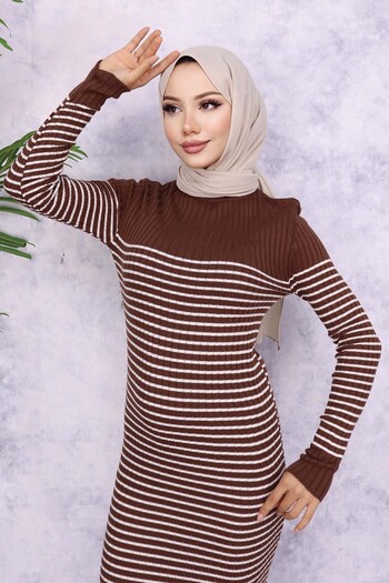 benguen 6104 Model Brown Striped Turtleneck Dress
