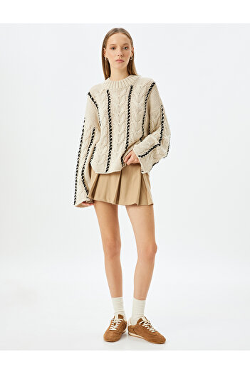 Koton Hair Knit Textured Color-Blocking Crew Neck Spanish Sleeve Sweater