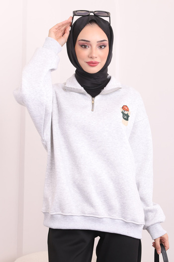 İmajButik Gray Collar Zippered Raised Three Thread Sweat