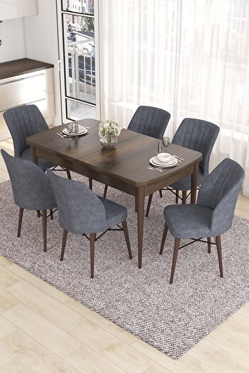 Canisa Concept Eva Serisi 80x132 Açılabilir MDF Mutfak Masası Takımı Barok Desen Masa 6 Füme Sandalye