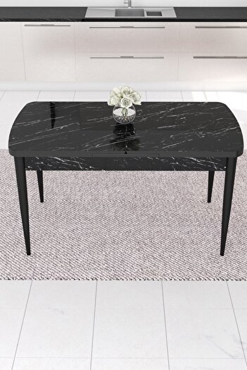 Canisa Concept Eva Serisi, 80x132 Açılabilir Mdf Mutfak Masa Takımı, Siyah Mermer Desen Masa ,6 Lacivert Sandalye