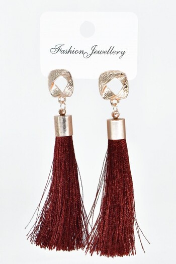 AKIN AKSESUAR HEDİYELİK Gold Colored Asymmetrical Design Figured Tassel Long Earrings