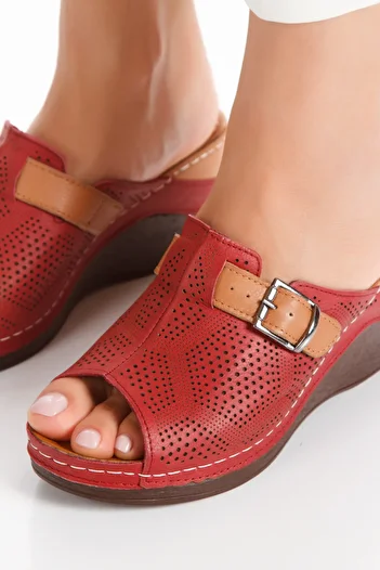 İLOLİCA Genuine Natural Leather Orthopedic Soft Sole Wedge Heel Burgundy Women's Slippers
