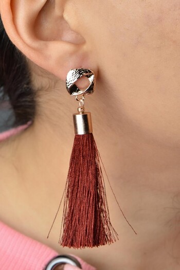 AKIN AKSESUAR HEDİYELİK Gold Colored Asymmetrical Design Figured Tassel Long Earrings