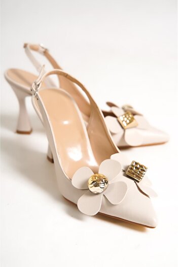 Gökhan Talay Chiara Beige Medium Heeled Floral Classic Shoes - 8 CM