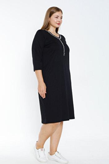 İntensive Black Three-Quarter Sleeve Pocket Stone Detail Plus Size Cotton Dress