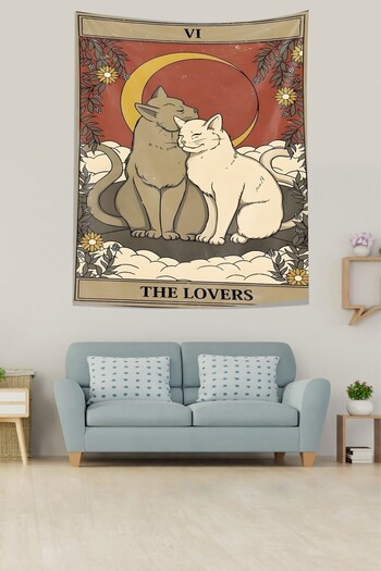 on the clouds Cats in Love Tarot Card Pattern - Black and White Resistant Fabric Tapestry