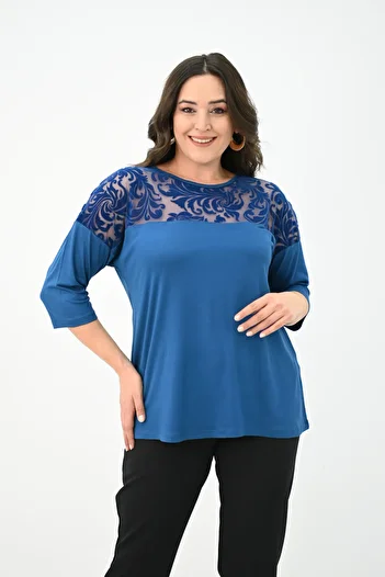 Koza Butik Women's Plus Size Velvet Tulle Detail Blouse 1856-2
