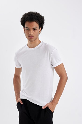 DeFacto Long Muscle Fit Crew Neck Basic Plain Short Sleeve White T-Shirt N2104Az24Au