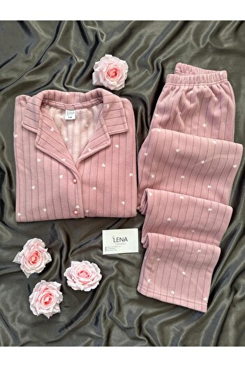 Lena Homewears Pudra Yıldız Desenli Düğmeli Polar Pijama Takımı
