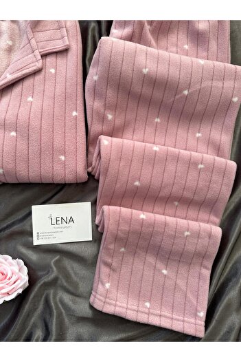 Lena Homewears Pudra Yıldız Desenli Düğmeli Polar Pijama Takımı