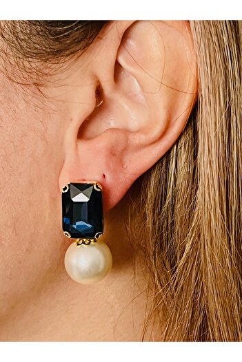 COCOSH TAKI Petrol Blue Crystal Jewelled Pearl Detailed Stylish Evening Dress Elegant Design Earrings