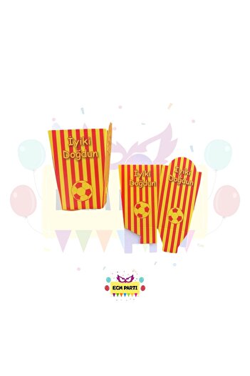 ECM PARTI Fan Themed Yellow Red Cardboard Popcorn Corn Box 8 Li - Birthday Party Set Supplies