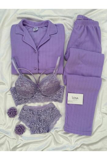 Lena Homewears Set de pijamale pentru femei din lână cu nasturi în față cu lenjerie de corp liliac