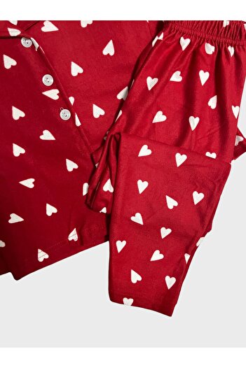 Fil Kids Girls' Cotton Suede Fabric Red Heart Print Shirt Collar Buttoned Long Sleeve Pajamas Set