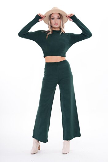 ŞİMAL Women's Knitwear Knitted Pants Crop Two-Piece Set 255047 -