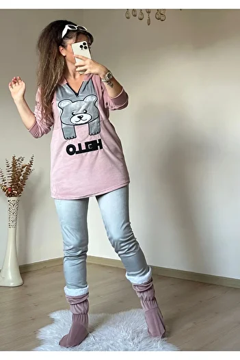AZRA BUTİK Hello Written Velvet Suit σε σκόνη