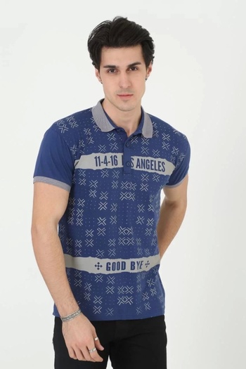CVS Men's Collared Slim Fit Printed T-Shirt - Blue