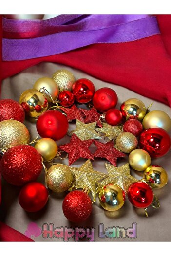 Happyland New Year's Red and Gold Star Set - 32 Pieces (12Pcs6Cm, 12Pcs4Cm), 8 Star Ball Set