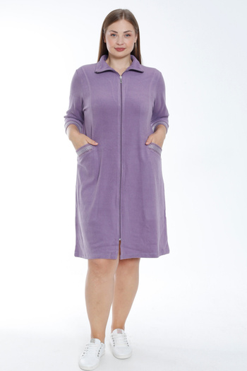 İntensive Purple Three Quarter Sleeve Stone Detailed Pocket Cotton Terry Women's Plus Size Dress