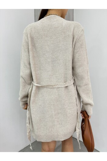 Modamorfo Lace-Up Solid Color Knitted Cardigan -Stone