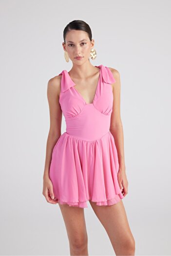 HOLLY LOLLY Çıkarılabilir Korseli Gloplu Mini Şifon Fiona Elbise Pembe