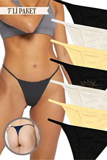 KUIN Pack of 7 Rope Strap Cotton, Lycra Combed String Thong Black Panties