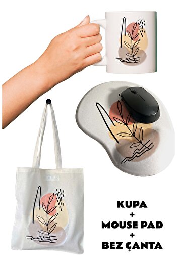 rakkun shop Подложка за мишка с печат с цветя и подложка за китката + чаша с капак + торбичка от суров плат
