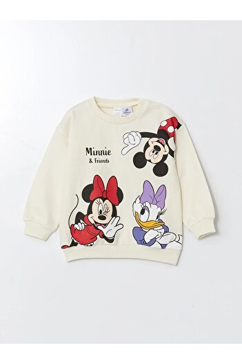 LC Waikiki LCW baby Ekru Bisiklet Yaka Minnie Mouse Baskılı Kız Bebek Sweatshirt ve Eşofman Alt 2'li cent