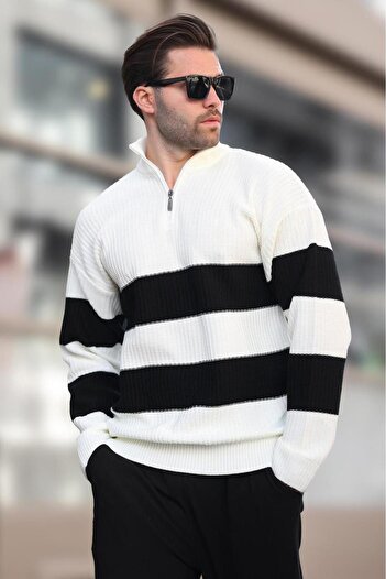 Madmext Ecru Zipper Collar Striped Men's Sweater E7272