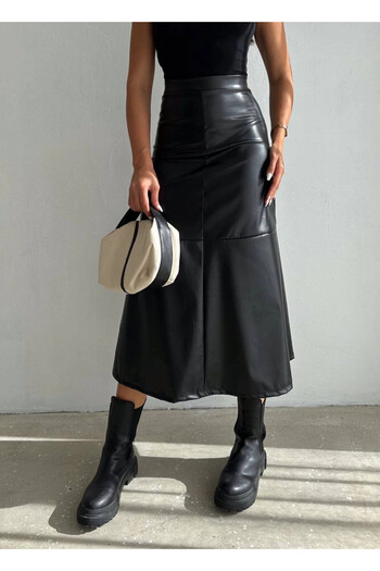 hazelin Black Faux Leather Midi Skirt - Zip-Up, Hzl25W-Fry 121651