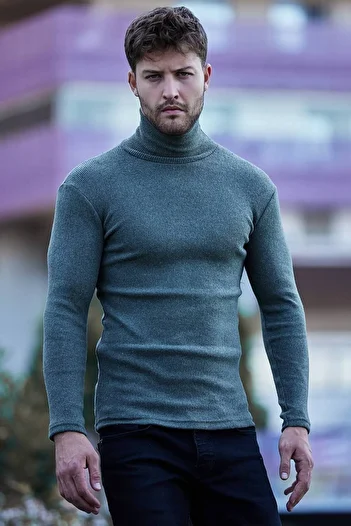 Buteks Premium Thick Khaki Raised Slim Fit Turtleneck Turtleneck Sweater