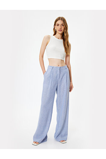Koton Wide Leg Linen Trousers with Pockets and Pleated Detail, Loose Fit