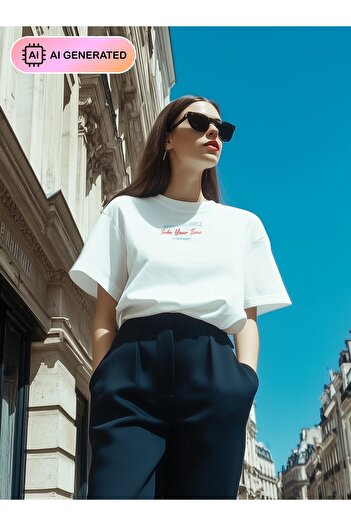 Benin Oversize Print Detailed Women's T-Shirt - White - Benin