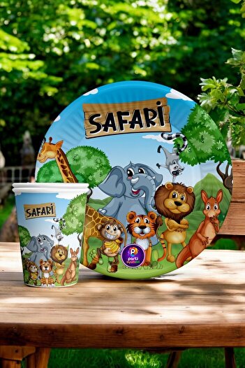 VibeHome 8 Adet Safari Temalı Tabak Bardak Seti - Doğum Günü Parti ve Eğlenceli Etkinlikler İçin