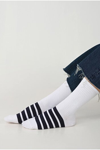 HEQA Five Striped Socks White-Navy Blue