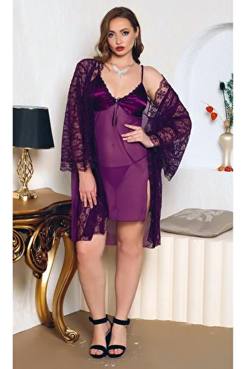 Bleu Petite Plus Size Lace 3-Piece Nightgown-Morning Thong Set