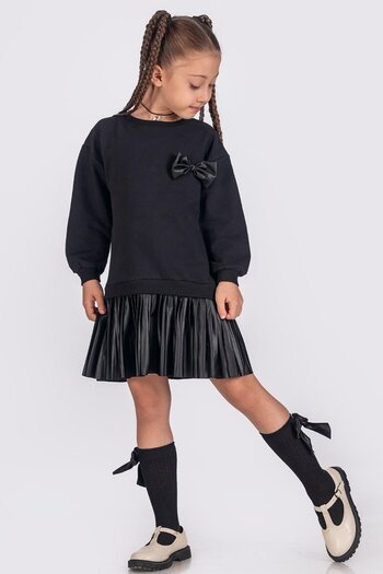 Minik Dolap Cotton Girl's Dress with Pleated Leather Skirt
