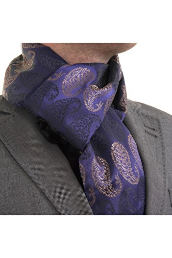 Exve Exclusive Black Copper Shawl Pattern Jacquard Woven Elegant Wool Double-Sided Scarfs on Navy
