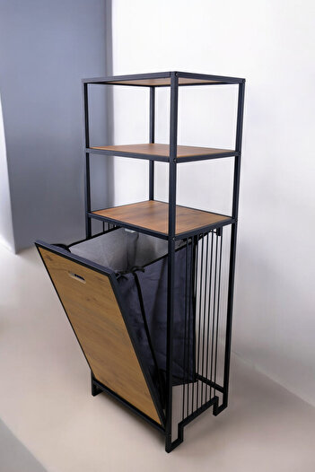 Digithome Metal Kirli Sepetli 3 Raflı Çok Amaçlı Banyo Düzenleyici Raf Organizer Siyah/atlantik Çam Mrs-008