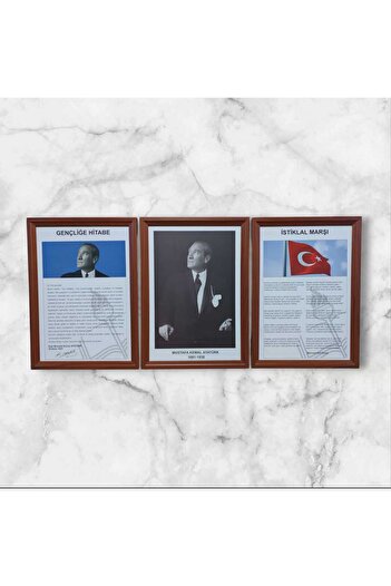 Panda Atatürk-Gençliğe Hitabe-İstiklal Marşı MDF Portre Tablo Köşe 3 lü set 35x50cm