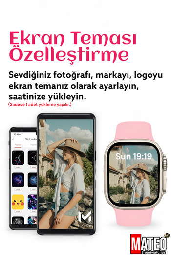 MATEO T900 ULTRA Pembe Akıllı Saat 49mm Bluetooth, Arama Özellikli, Sağlık Sensörlü, iOS & Android Uyumlu