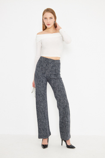 armonika Women's Navy Blue Elastic Waist Ironprint Stitching Pants Arm-25K 001058