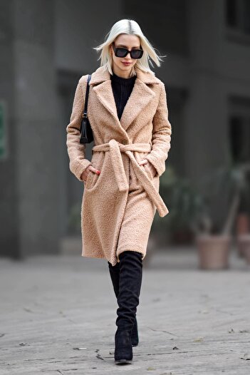 Madmext Camel Lined Boucle Women's Coat MG1970