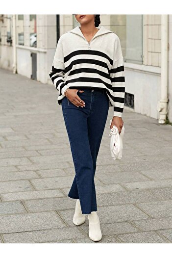 Jose Clothing Pulover de damă, alb, negru, cu dungi oversize, cu fermoar