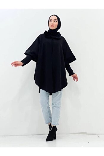 b buhari bykoc Women's Sheepskin Knitwear Poncho with Collar and Sleeves