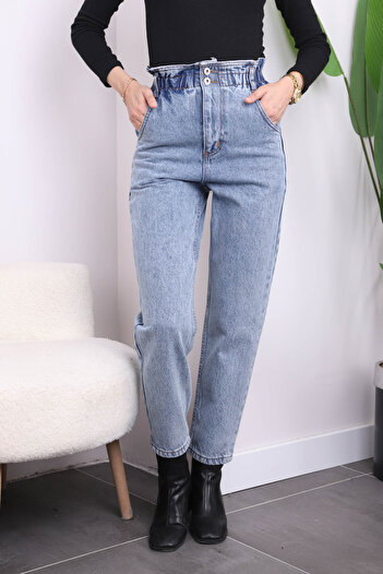 İmajButik Açık Mavi Bel Lastikli Mom Jeans Pantolon