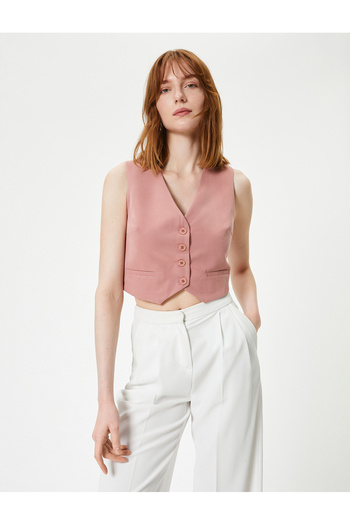 Koton V-Neck Modal Mixed Crop Vest - With Buttons and Pockets