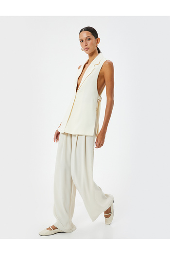 Koton Double Breasted Reverse Jacket Collar - Long Vest, Side Slit and Belt Detail